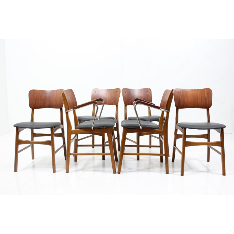 Set of 6 teak, beech and leather chairs, Ib KOFOD-LARSEN - 1950s