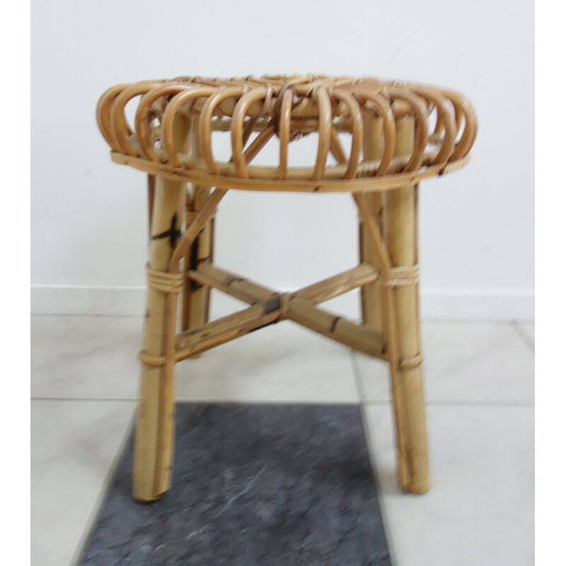 Vintage round wicker stool, Netherlands, 1970s