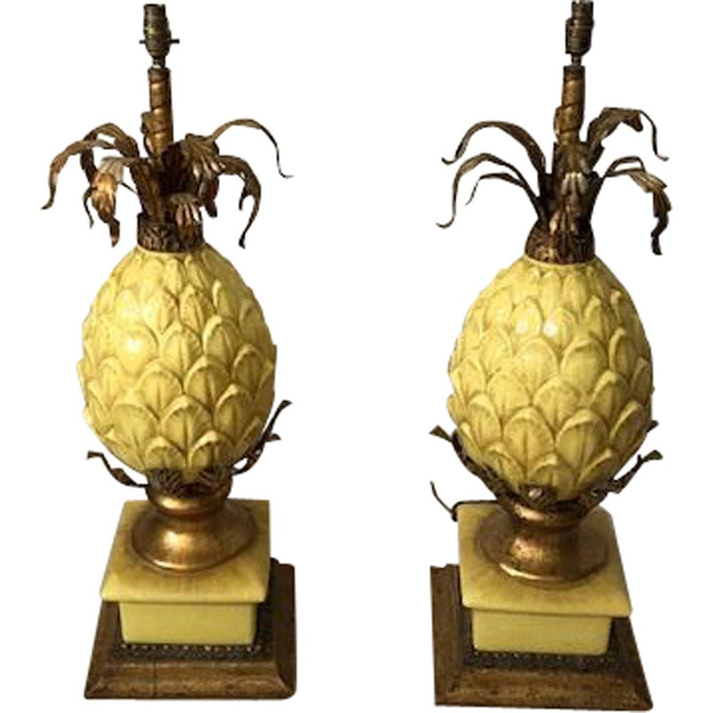 Pair of vintage pineapple lamps in yellow cracked ceramic 1960s 