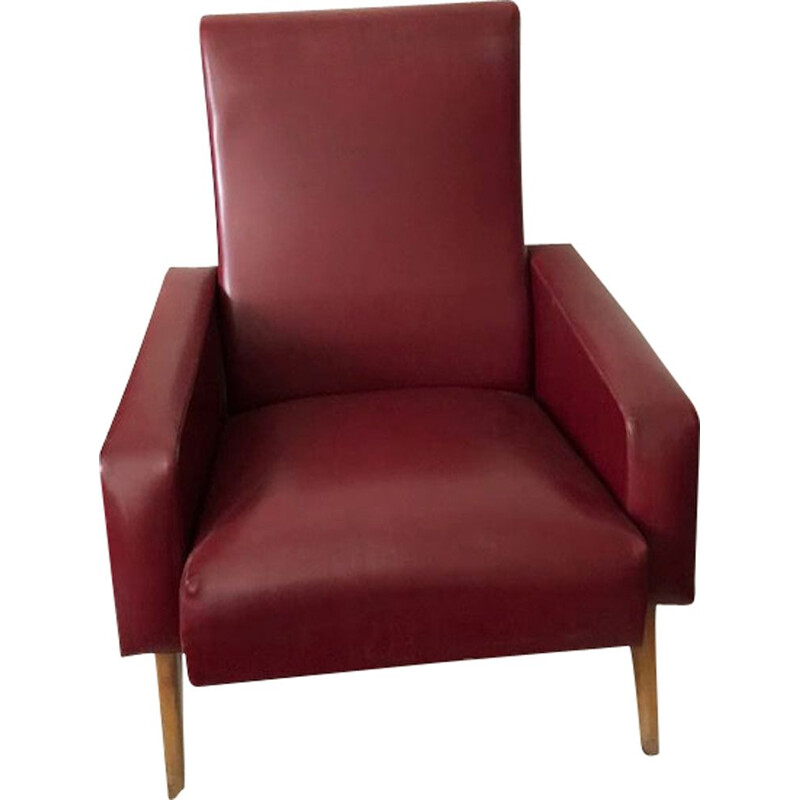 Vintage armchair in burgundy leatherette with compass feet, 1950